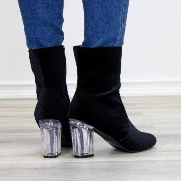 Black Velvet Above Ankle Clear Heel Bootie - Picture 4 of 11